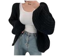 Women's Autumn Winter Coat Balloon Sleeves Knitted Cardigan Solid Color Versatile Lazy Style Thick Sweater Casual Loose Open Front Knitwear Black
