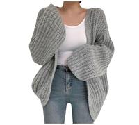 Women's Autumn Winter Coat Balloon Sleeves Knitted Cardigan Solid Color Versatile Lazy Style Thick Sweater Casual Loose Open Front Knitwear Grey