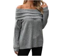 Womens Autumn Winter Knitwear Chunky Sweater Long Sleeves Solid Color Casual Oversized Sweater Off The Shoulder Soft Cozy Elegant Jumper Grey