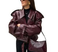Women's Autumn Winter Retro Lapel Leather Jacket - Burgundy Short Sleeve Tailored High-Waist Coat