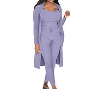 Women's Autumn Winter Stretchy Wear 2022 Plain 3 Piece Pants Set Women's Ribbed Casual Three-Piece Outfits Thermal Trousers 146 Boys, 2-purple, XL