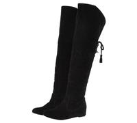 Women's Autumn/Winter Warm Solid Color and Fleece Frosted Boots with Elevated Round Toe Flat Above Knee Boots Over The Knee High Boots for Women Rear Lace (Black, 3.5)