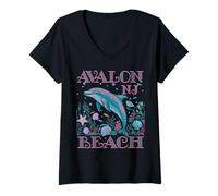 Womens AVALON BEACH NJ DOLPHIN COLORFUL BEACH SOUVENIR V-Neck T-Shirt