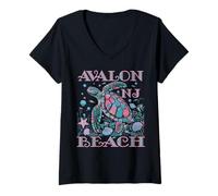 Womens AVALON BEACH NJ TURTLE LOVER COLORFUL BEACH SOUVENIR V-Neck T-Shirt