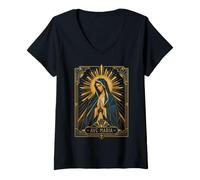 Women's AVE Maria Virgin Mary Prayer Art Deco Catholic Sacred Icon V-Neck T-Shirt