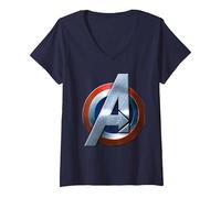 Women's Avengers Age of Ultron Captain America Logo V-Neck T-Shirt, Navy Blue, Large