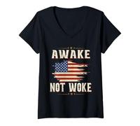 Women's Awake, Not Woke American Flags t Awake No Wokness Not Weak V-Neck T-Shirt