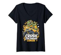 Womens Awareness Monster Truck Dinosaur Crush Childhood Cancer V-Neck T-Shirt