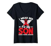 Womens Awareness Month Red Ribbon My Son Warrior Marfan Syndrome V-Neck T-Shirt