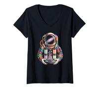 Women's Awesome Cosmic Astronaut discovering Starry Universe Fungi V-Neck T-Shirt