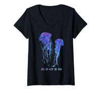 Womens Awesome Cute UnderWater Fish Sea Just Go With Flow JellyFish V-Neck T-Shirt