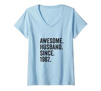Women's Awesome Husband Since 1982 44th Wedding Anniversary 44 Years V-Neck T-Shirt