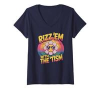 Women's Awesome RIZZ EM with TISM Flower Autism Mom Teach V-Neck T-Shirt