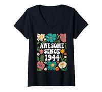Women's Awesome Since 1944 Floral Pattern Vintage V-Neck T-Shirt