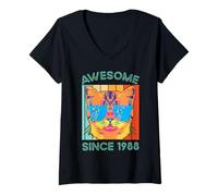 Women's Awesome Since 1988 T-Shirts Vintage Cat Design Birthday V-Neck T-Shirt