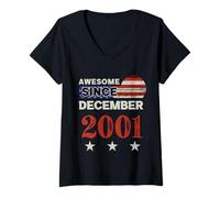 Womens Awesome Since 2001 Vintage USA Flag Classic December 2001 V-Neck T-Shirt