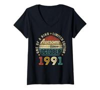 Womens Awesome Since October 1991 Vintage Men Women 34th Birthday V-Neck T-Shirt