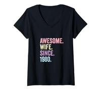 Women's Awesome Wife Since 1980 | 46th Wedding Anniversary 46 Years V-Neck T-Shirt