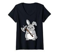 Women's Axe Wielding Bunny Cool Warrior V-Neck T-Shirt