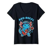 Womens AXO-Rockl Kawaii Axolotl Playing Electric Guitar Cute Rock V-Neck T-Shirt