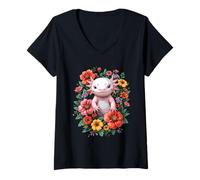 Womens Axolotl Aquatic Creature Flower Friends Pet V-Neck T-Shirt