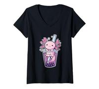Womens Axolotl Bubble Tea Boba Tea Kawaii V-Neck T-Shirt