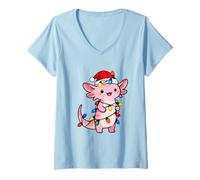 Womens Axolotl Christmas Lights Santa Hat Xmas Holiday Girls Kids V-Neck T-Shirt