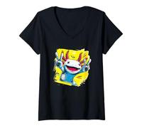 Women's Axolotl Double Peace Retro Pop Character Graphic Sign Yellow V-Neck T-Shirt