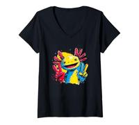 Women's Axolotl Double Peace Sign Retro Pop Graphic Gesture Colorful V-Neck T-Shirt