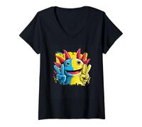 Women's Axolotl Double Peace Sign Retro Pop Graphic Gesture Colorful V-Neck T-Shirt
