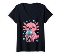 Women's Axolotl Drinking Boba Tea Cute Bubble Tea Kawaii Axolotls V-Neck T-Shirt