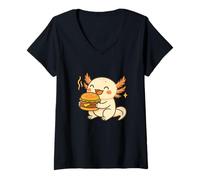 Womens Axolotl Eating Burger, Cute Kawaii-Style Gift, Funny Axolotl V-Neck T-Shirt