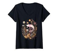 Women's Axolotl Lover Dark Botanical Celestial Crescent Moon V-Neck T-Shirt