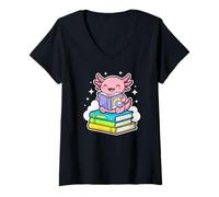 Women's Axolotl Reading Books Fun Learning Cozy Bookworm V-Neck T-Shirt