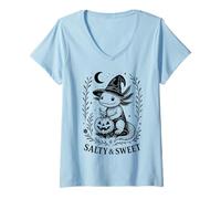 Womens Axolotl Witch Carving Pumpkin Cute Spooky Halloween Art V-Neck T-Shirt