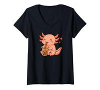 Womens Axolotl with Bubble Tea Kawaii Axolotl V-Neck T-Shirt