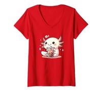 Womens Axolotls Drink Bubble Tea Kawaii Boba Axolotl V-Neck T-Shirt