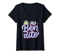 Women's Ay Bendito Sad Coqui Frog in Crown Kawaii Spanish Phrase V-Neck T-Shirt