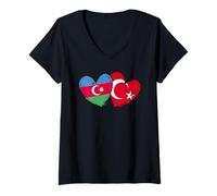 Womens Azerbaijan Turkey Heart Flag Türkiye Azeri Turkish Heritage V-Neck T-Shirt