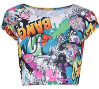 Womens Aztec Tartan Skull Stripe Comic Printed Ladies Round Scoop Neckline Short Cap Sleeve Cropped T-Shirt Belly Top Comic Print Size 8 - 10