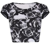 Womens Aztec Tartan Skull Stripe Comic Printed Ladies Round Scoop Neckline Short Cap Sleeve Cropped T-Shirt Belly Top Skull & Rose Print Size 12 - 14