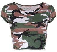 Womens Aztec Tartan Skull Stripe Comic Printed Ladies Round Scoop Neckline Short Cap Sleeve Cropped T-Shirt Belly Top Camouflage Print Size 12 - 14
