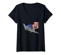 Women's B-2 Stealth Bomber Aircraft Enthusiasts American Flag V-Neck T-Shirt