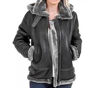 Women's B3 Bomber Hooded Classic RAF Genuine Sheepskin Leather Jacket Aviator WW2 Faux Fur Warm Winter Leather Jacket (UK, Alpha, 3XL, Regular, Regular, Black with Grey Fur - With Hood)