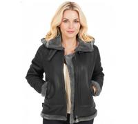 Women's B3 Bomber Hooded Classic RAF Genuine Sheepskin Leather Jacket Aviator WW2 Faux Fur Warm Winter Leather Jacket (UK, Alpha, 3XL, Regular, Regular, Black with Grey Fur - With Hood)