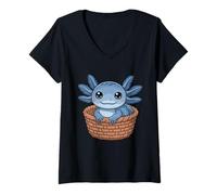 Women's Baby Axolotl in Basket Cute Kawaii Animal V-Neck T-Shirt