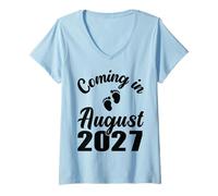 Women's Baby Coming in August 2027 Mom Dad Pregnancy Announcement V-Neck T-Shirt