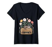 Womens Baby Cute Otters Flowers on Radio Listening V-Neck T-Shirt