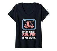 Womens Baby First Selfie is My Work Ultrasound Technician V-Neck T-Shirt