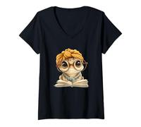 Women's Baby Frog Open Book Reading Cute Animal Lover Graphic Turban V-Neck T-Shirt